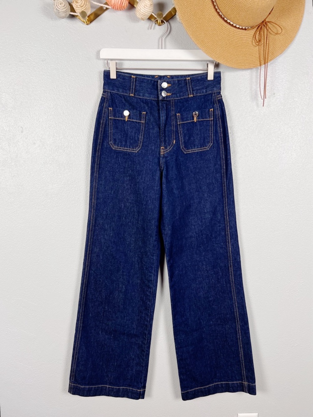 Veronica Beard Taylor Wide Leg High Rise Patch Pocket Jeans Indigo Rinse Size 26 - Picture 2 of 12